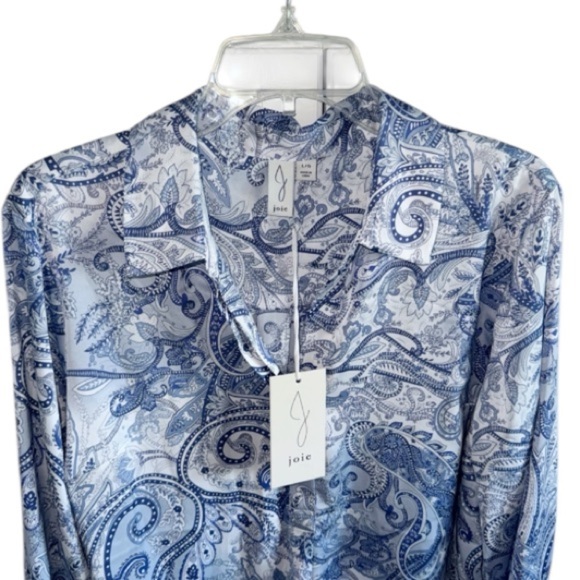 Joie Paisley Blue/White Blouse Button Front Sz Large Satiny - Picture 9 of 11